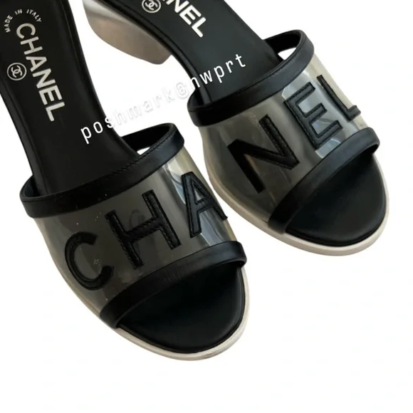 CHANEL 💯 Logo PVC Slides Sandals Mules Transparent Clear Black 37 7 Box Bag SS19 - Picture 8 of 17